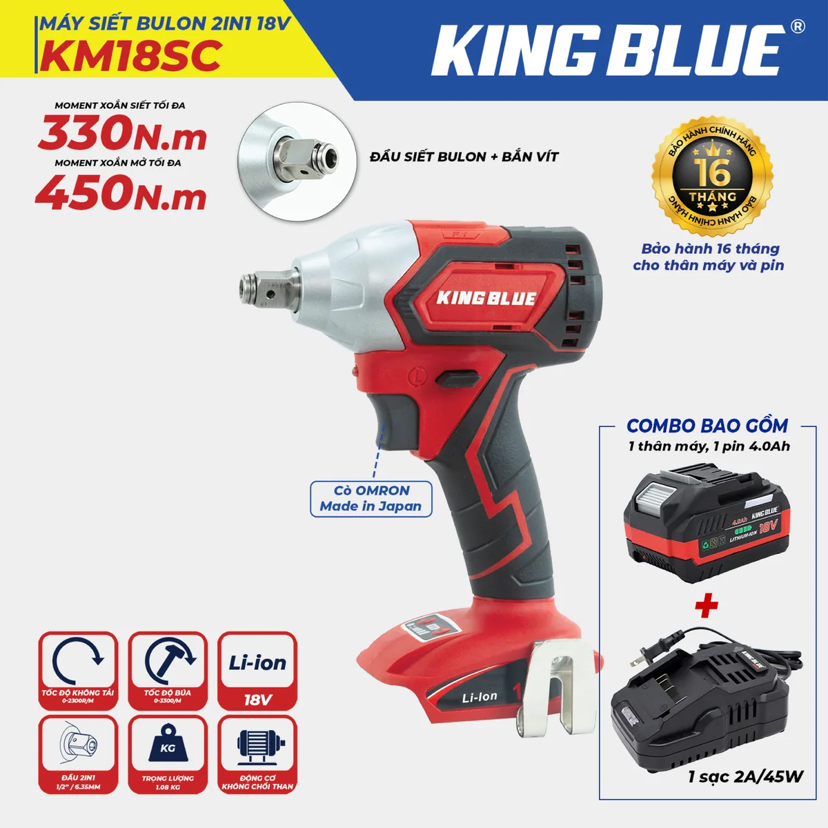 Máy Siết Bulon 2in1 18V KM18SC(Combo Bao Gồm 1 Thân Máy, 1 Pin 18V - 4.0Ah, 1 Sạc 2A )