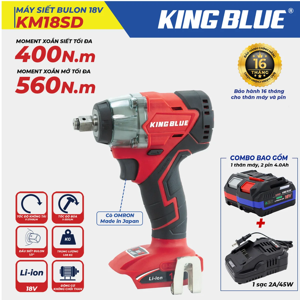 Máy Siết Bulon 18V KM18SD (Combo Bao Gồm 1 Thân Máy, 2 Pin 18V - 4.0Ah, 1 Sạc 2A)