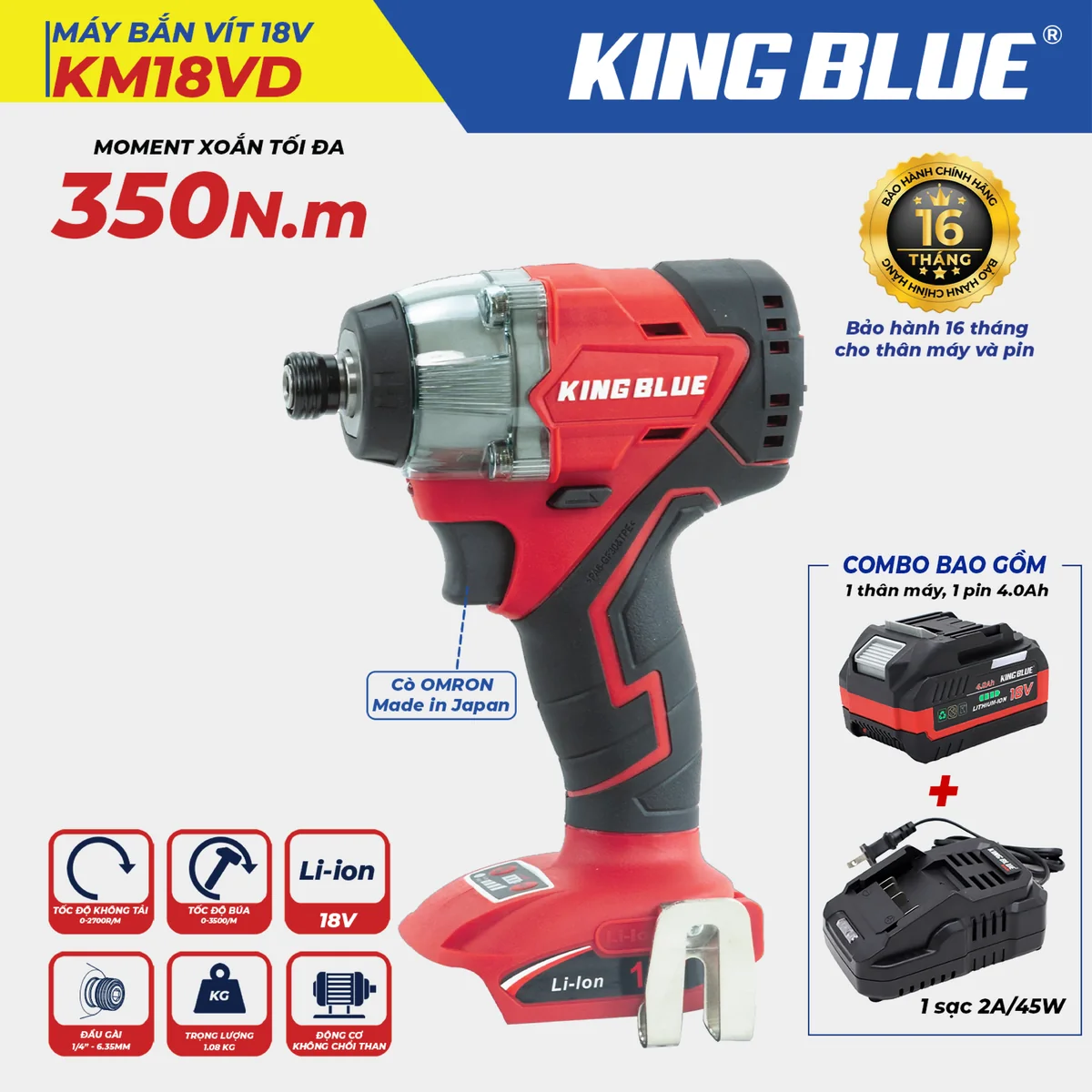 Máy Bắn Vít 18V KM18VD(Combo Bao Gồm 1 Thân Máy, 1 Pin 18V - 4.0Ah, 1 Sạc 2A )