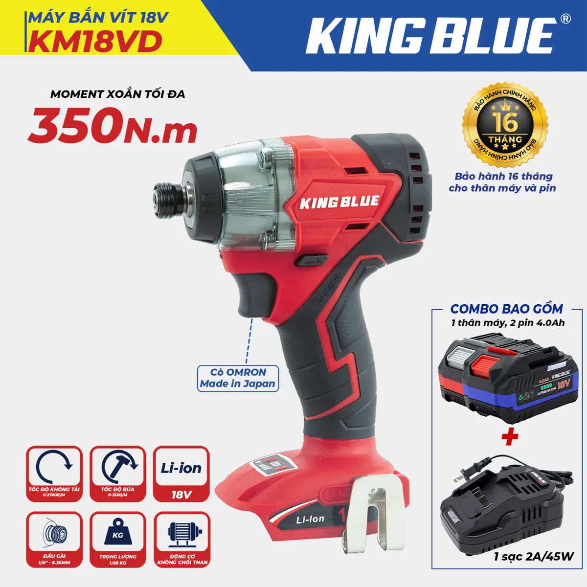 Máy Bắn Vít 18V KM18VD (Combo Bao Gồm 1 Thân Máy, 2 Pin 18V - 4.0Ah,1 Sạc 2A)