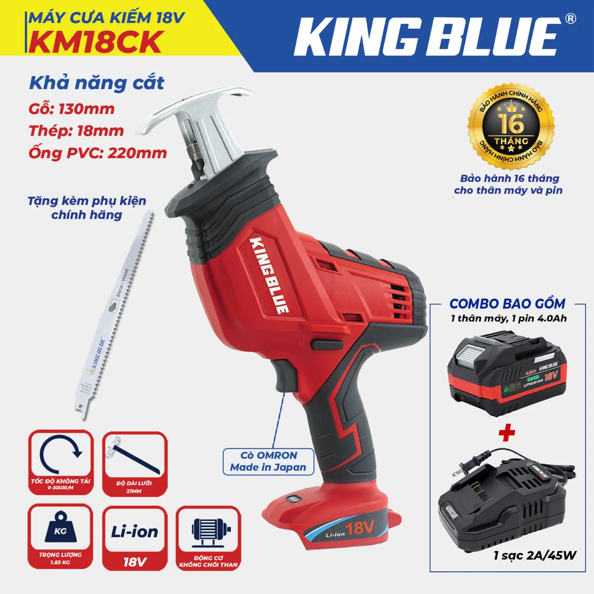 Máy Cưa Kiếm 18V KM18CK (Combo Bao Gồm 1 Thân Máy, 1 Pin 18V - 4.0Ah,1 Sạc 2A )