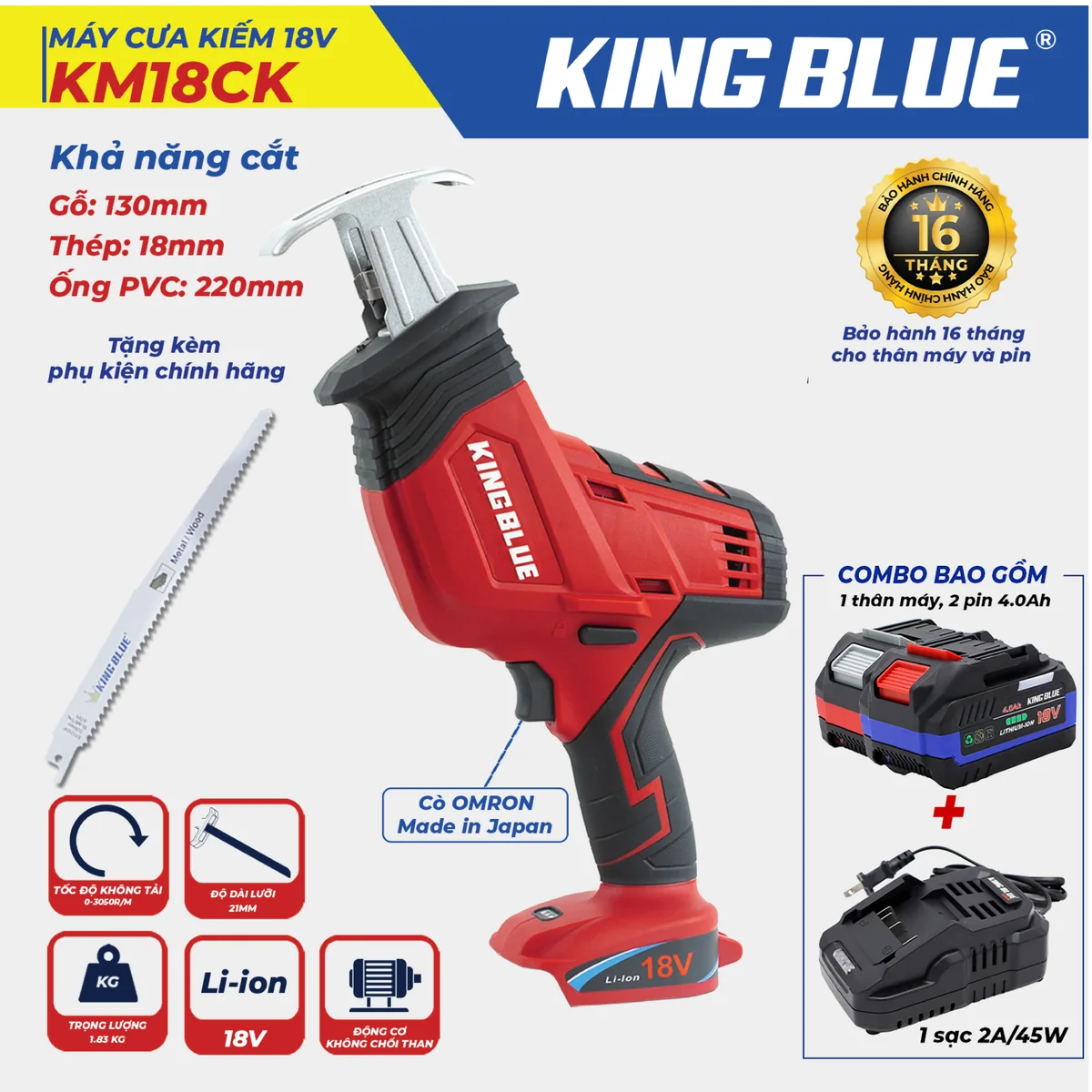 Máy Cưa Kiếm 18V KM18CK (Combo Bao Gồm 1 Thân Máy, 2 Pin 18V - 4.0Ah, 1 Sạc 2A )