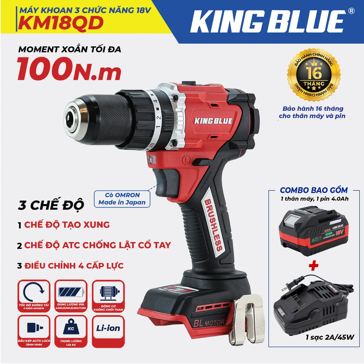 Máy Khoan 3 Chức Năng 18V KM18QD(Combo Bao Gồm 1 Thân Máy, 1 Pin 18V - 4.0Ah, 1 Sạc 2A )
