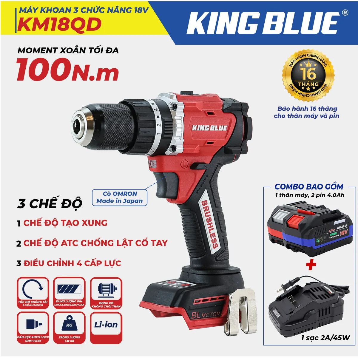 Máy Khoan 3 Chức Năng 18V KM18QD(Combo Bao Gồm 1 Thân Máy, 2 Pin 18V - 4.0Ah,1 Sạc 2A)