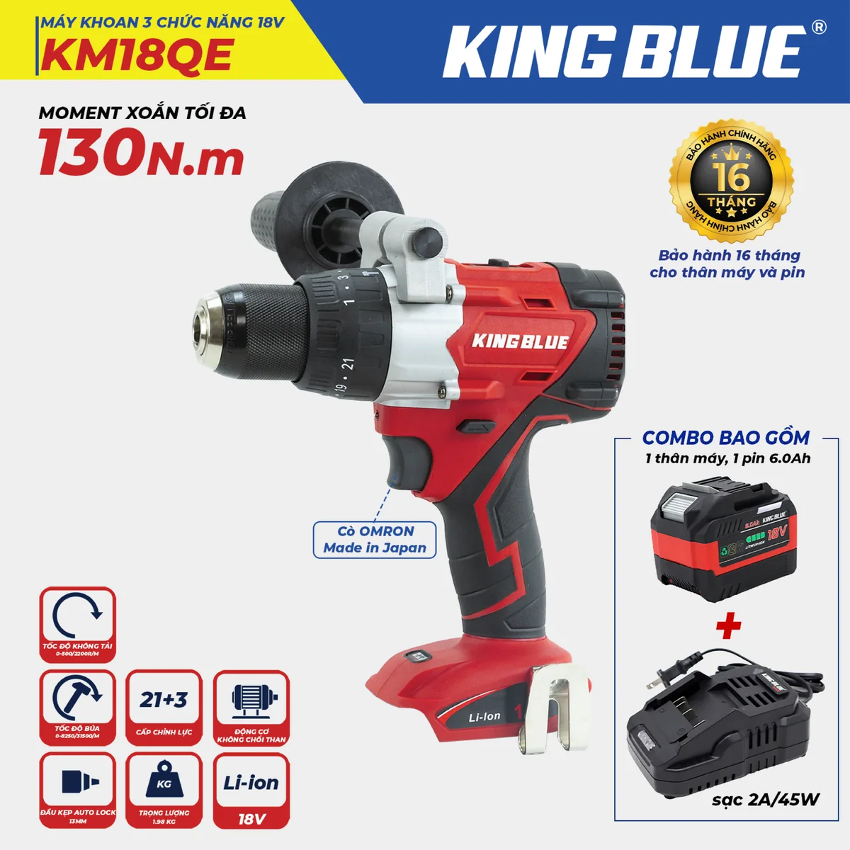 Máy Khoan 3 Chức Năng 18V KM18QE(Combo Bao Gồm 1 Thân Máy, 1 Pin 18V - 6.0Ah, 1 Sạc 2A )