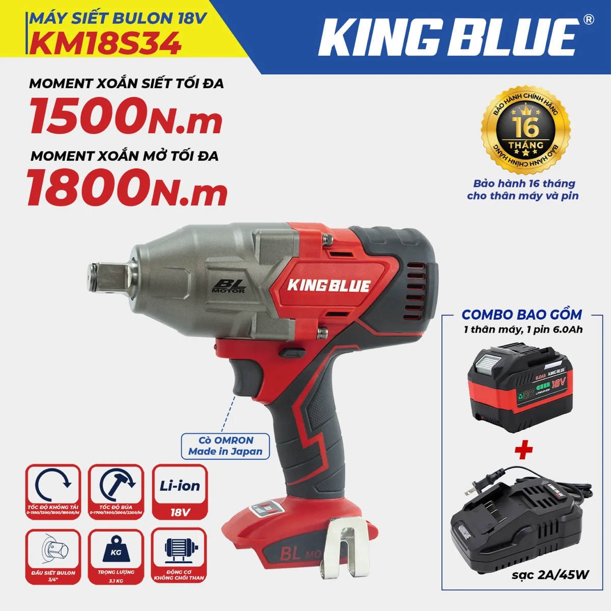 Máy Siết Bulon 18V KM18S34 (Combo Bao Gồm 1 Thân Máy, 1 Pin 18V - 6.0Ah, 1 Sạc 2A)