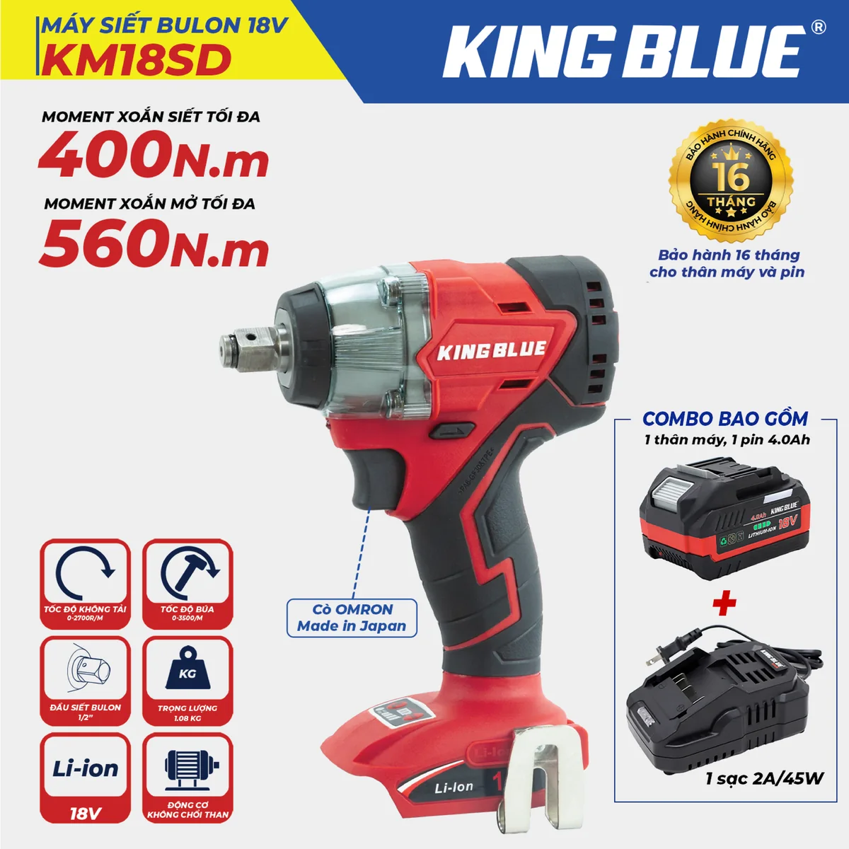 Máy Siết Bulon 18V KM18SD (Combo Bao Gồm 1 Thân Máy, 1 Pin 18V - 4.0Ah, 1 Sạc 2A)