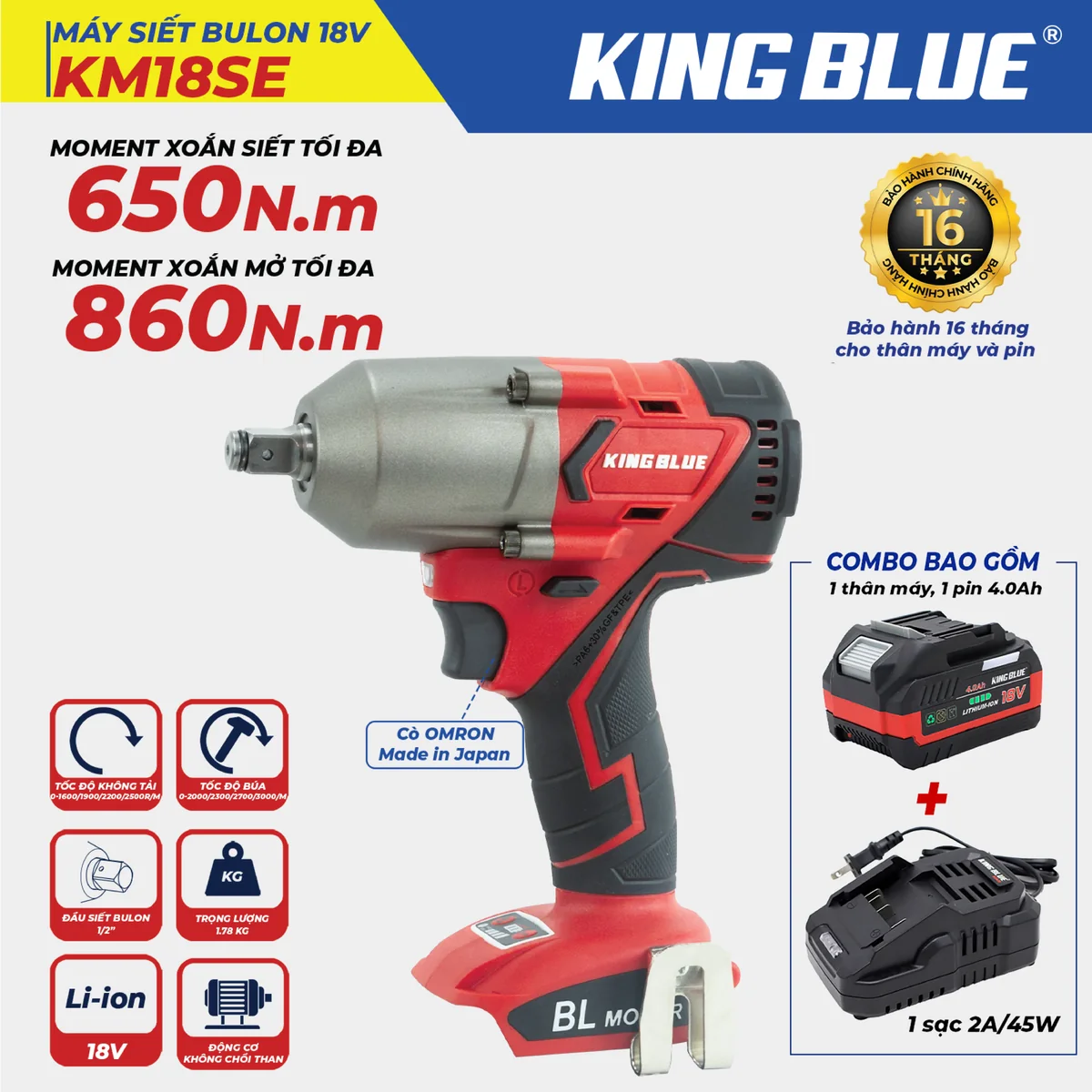 Máy Siết Bulon 18V KM18SE (Combo Bao Gồm 1 Thân Máy, 1 Pin 18V - 4.0Ah, 1 Sạc 2A )