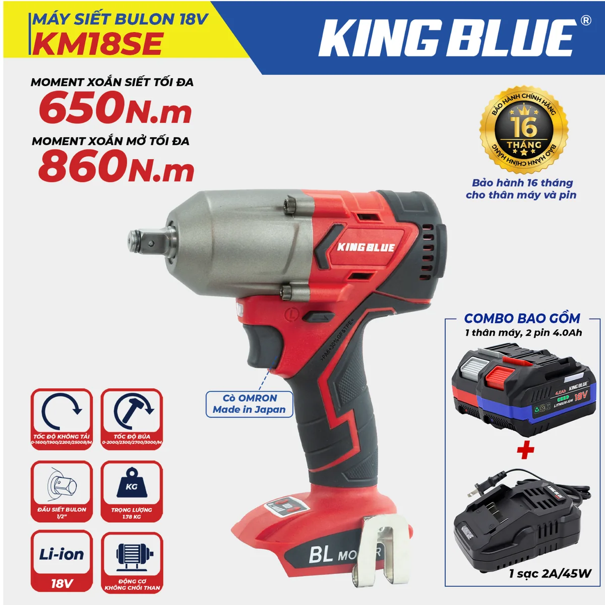 Máy Siết Bulon 18V KM18SE (Combo Bao Gồm 1 Thân Máy, 2 Pin 18V - 4.0Ah, 1 Sạc 2A)