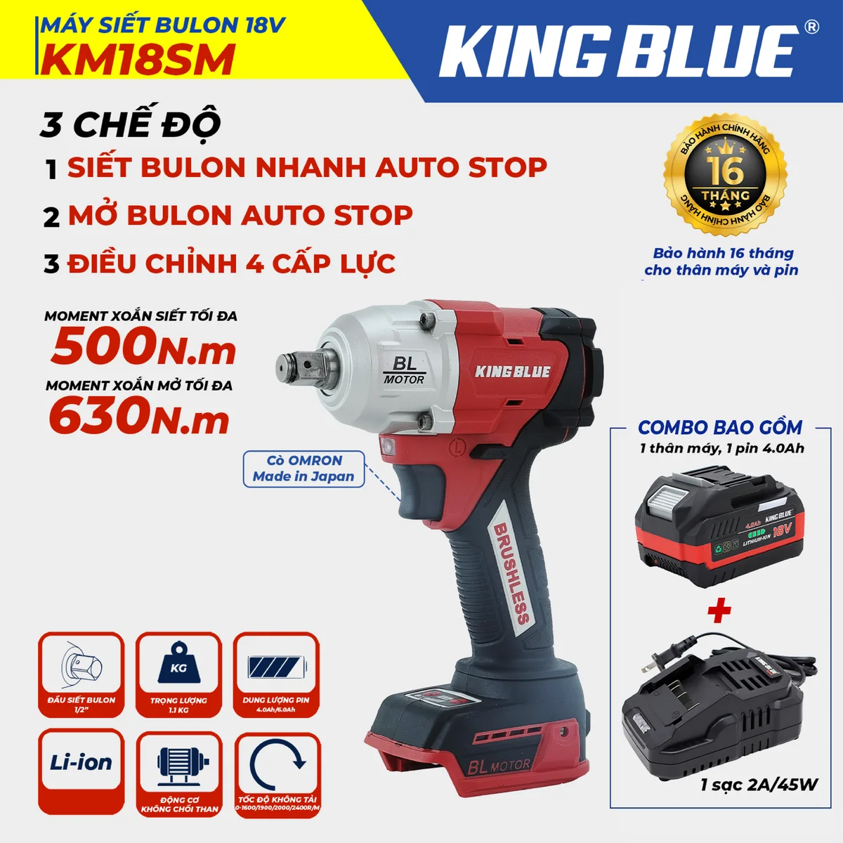 Máy siết bulon 18V KM18SM (Combo Bao Gồm 1 Thân Máy, 1 Pin 18V - 4.0Ah, 1 Sạc 2A )