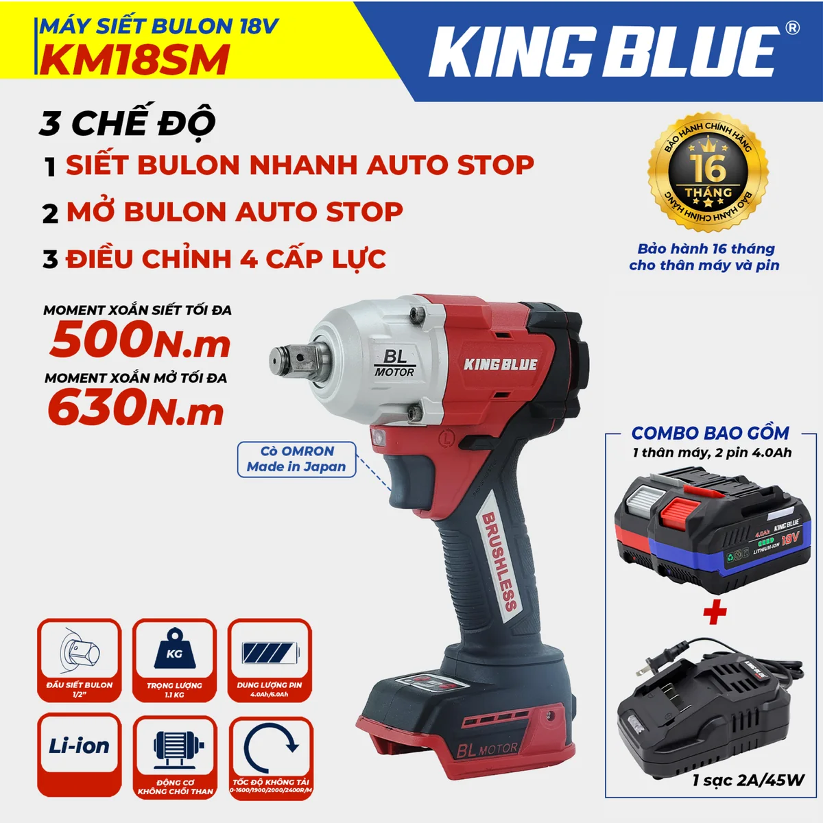 Máy siết bulon 18V KM18SM (Combo Bao Gồm 1 Thân Máy, 2 Pin 18V - 4.0Ah, 1 Sạc 2A)