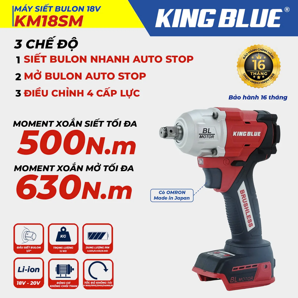 Máy Siết Bulon 18V KM18SM (Giá chưa bao gồm Pin và Sạc)