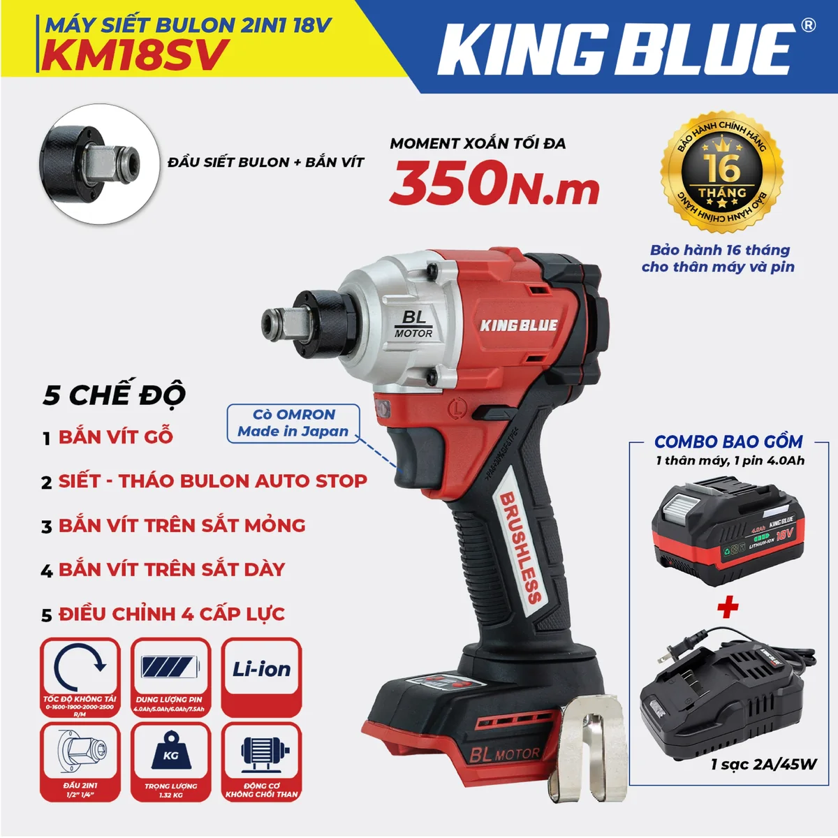 Máy Siết Bulon 2 IN 1 18V KM18SV (Combo Bao Gồm 1 Thân Máy, 1 Pin 18V - 4.0Ah, 1 Sạc 2A)