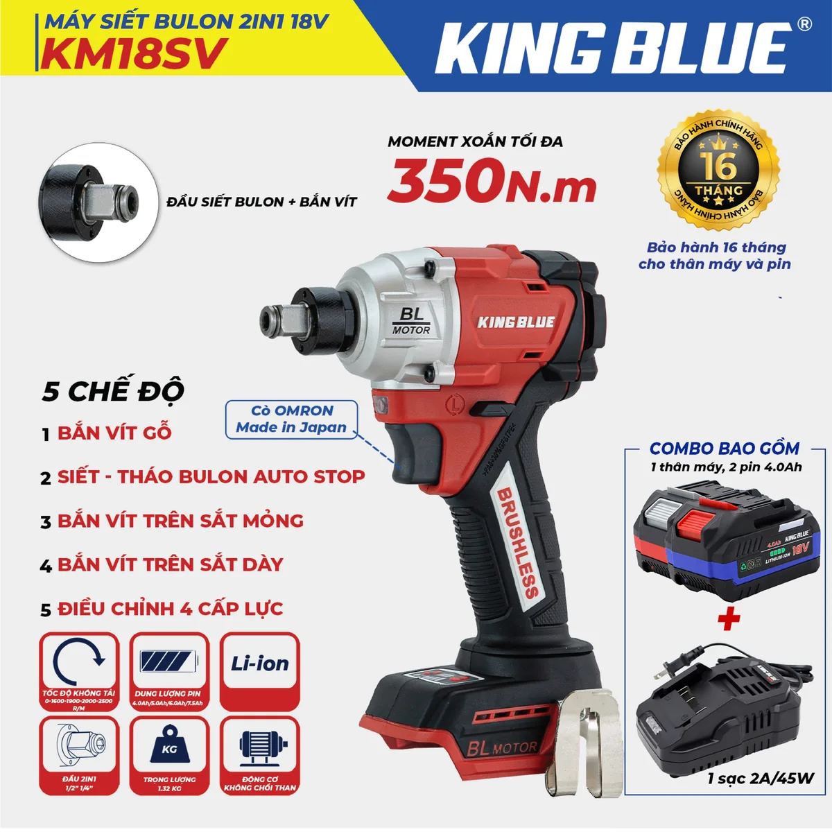 Máy Siết Bulon 2 IN 1 18V KM18SV (Combo Bao Gồm 1 Thân Máy, 2 Pin 18V - 4.0Ah, 1 Sạc 2A)