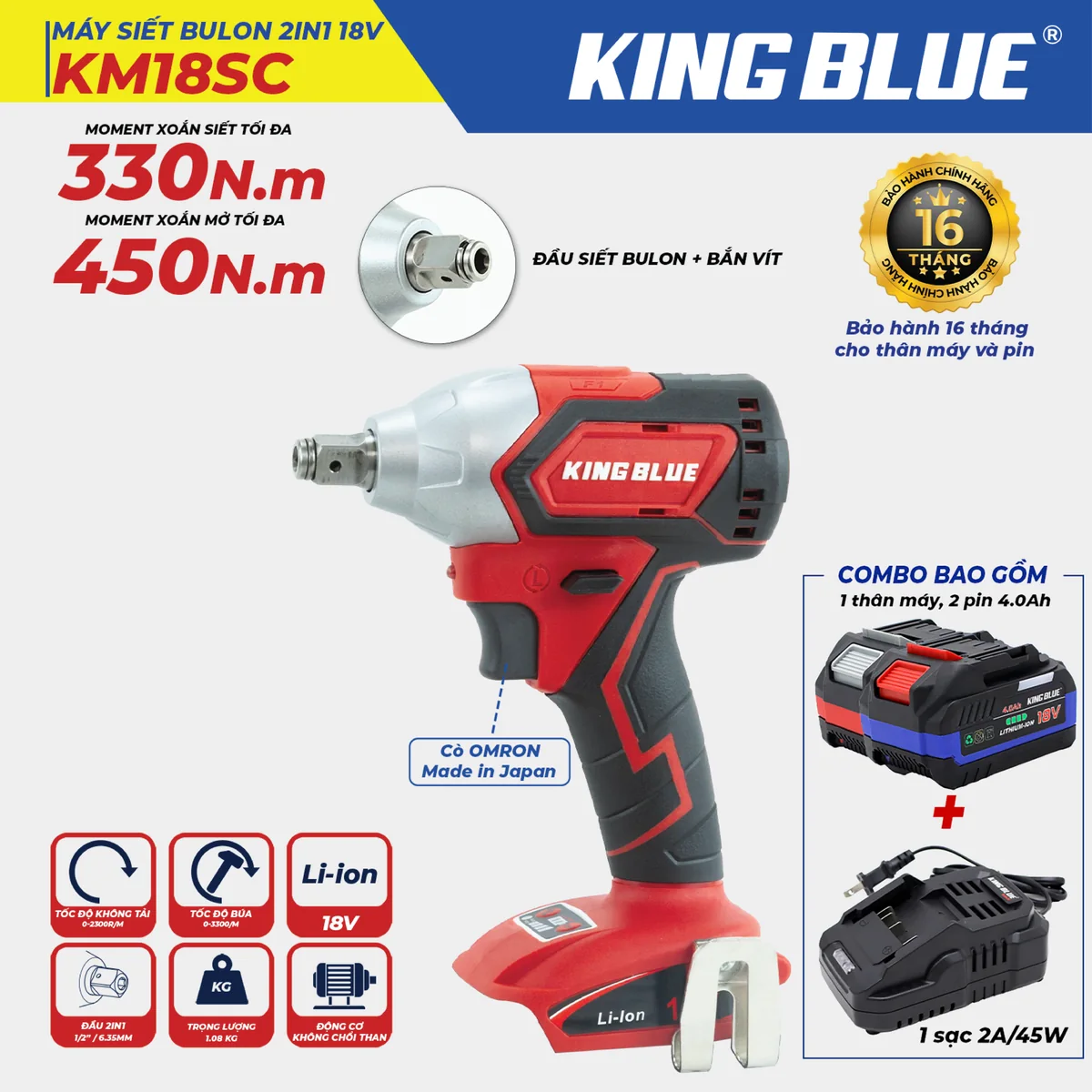 Máy Siết Bulon 2in1 18V KM18SC(Combo Bao Gồm 1 Thân Máy, 2 Pin 18V - 4.0Ah, 1 Sạc 2A )
