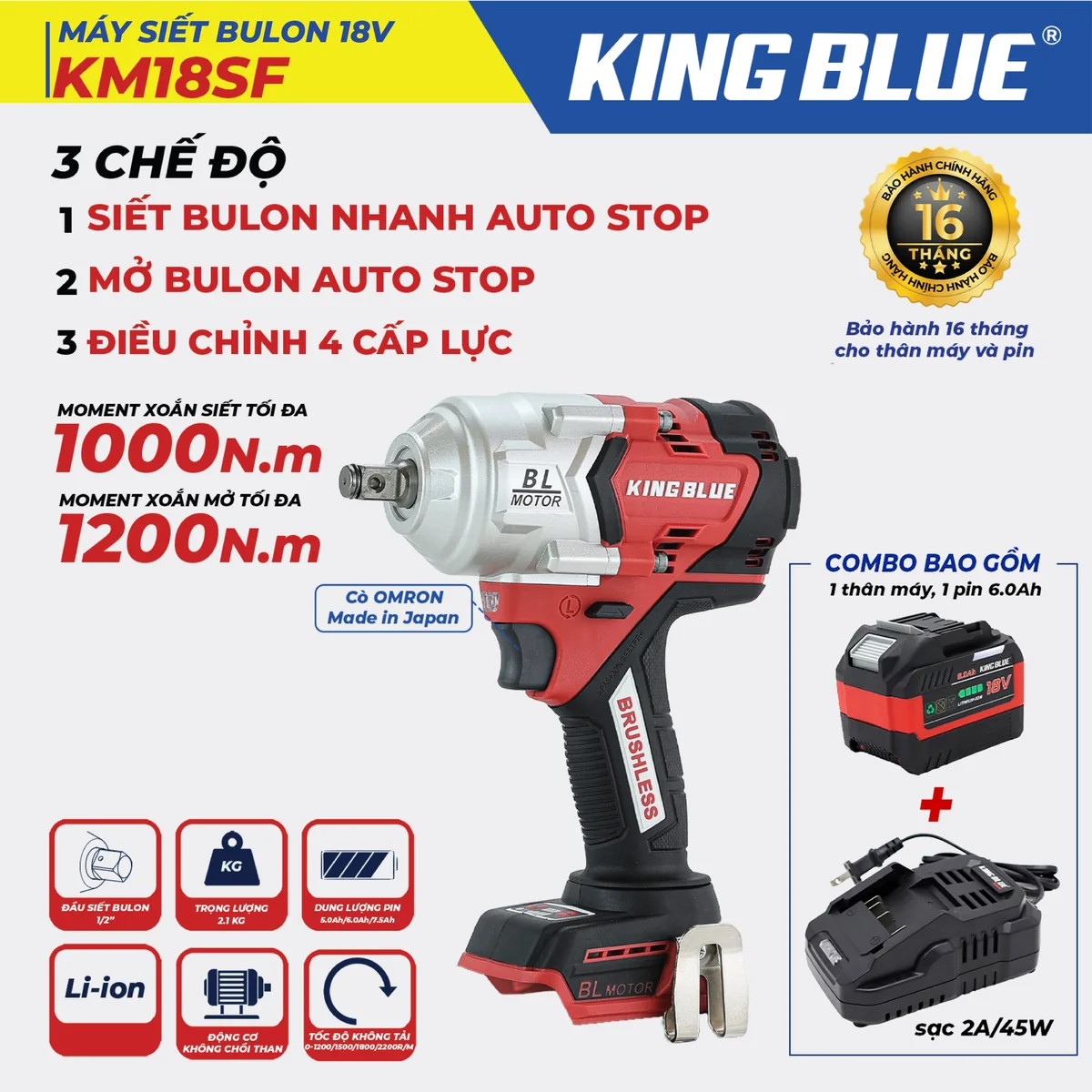 Thân máy siết Bulon 18V KM18SF (Combo Bao Gồm 1 Thân Máy, 1 Pin 18V - 6.0Ah, 1 Sạc 2A )